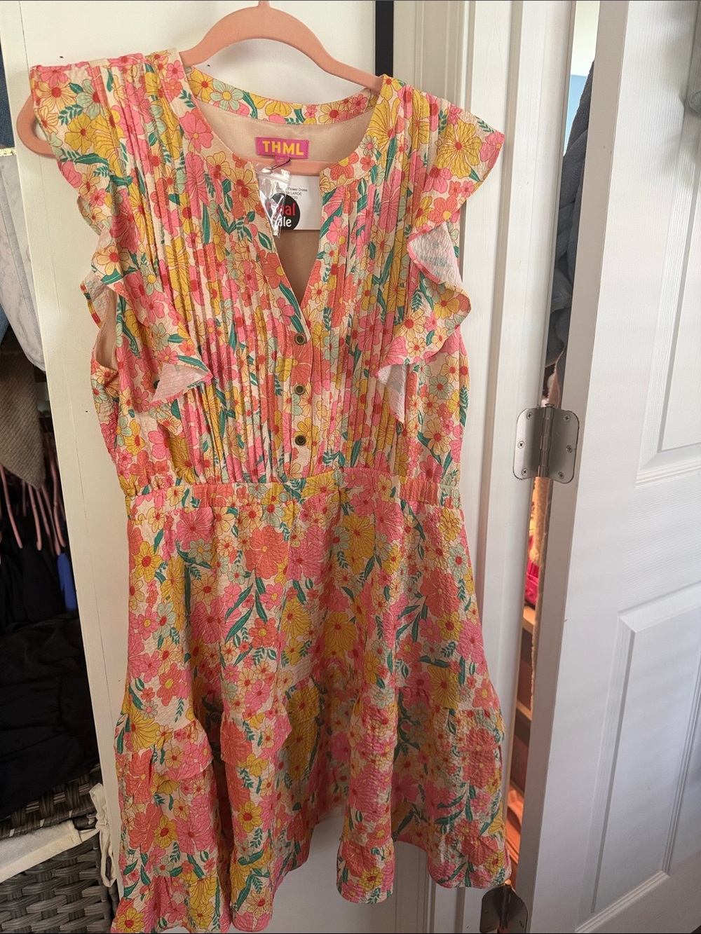 THML Women’s Coral and Yellow Floral Ruffle Dress